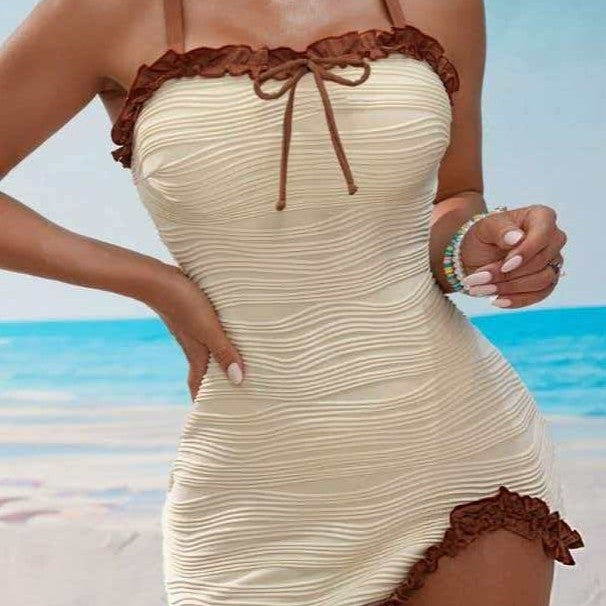 Striped Women's Swimsuit Set - Minimalist Design, Off-White
