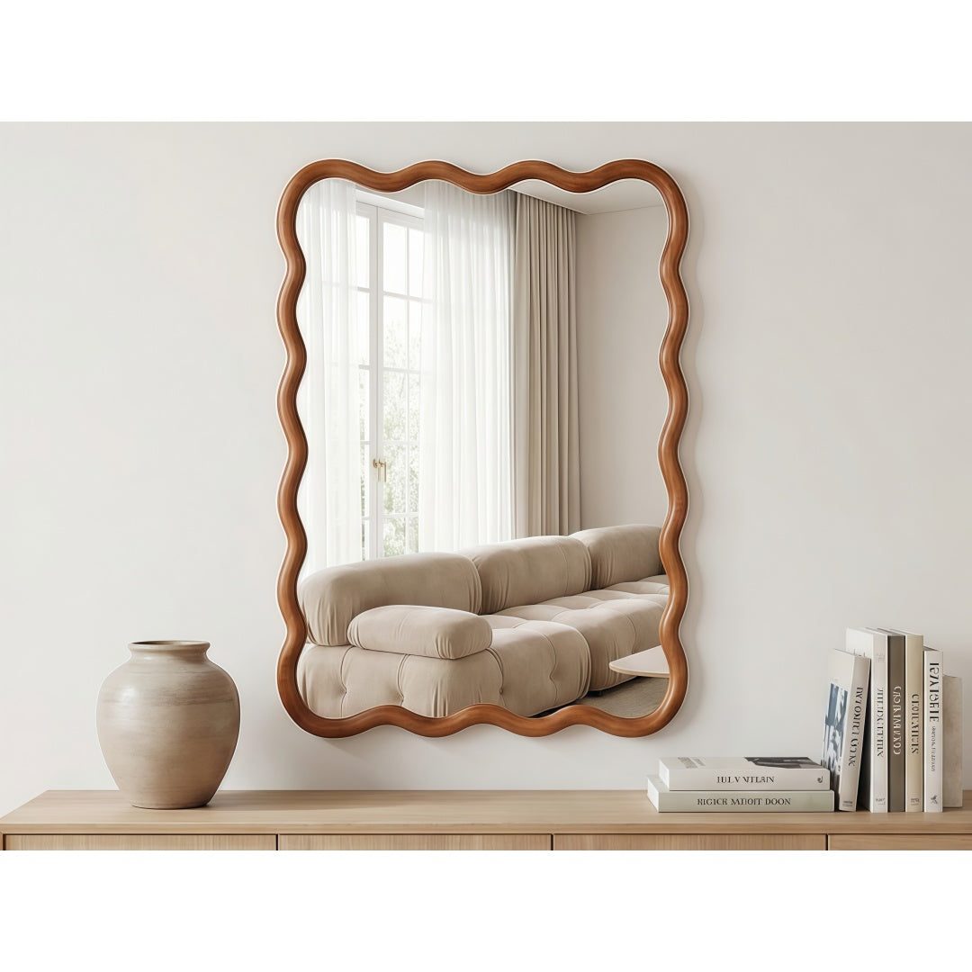 Wavy Rectangle Solid Wood Frame Decorative Mirror - Yellowish Brown 20x30