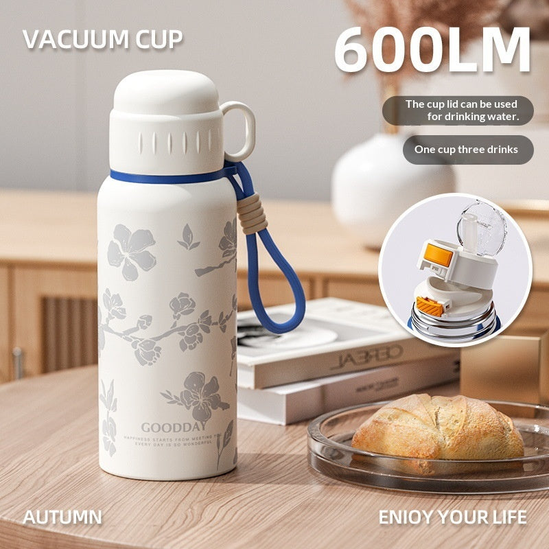 Insulated Stainless Steel Travel Mug 600ml with Carrying Strap & Straw