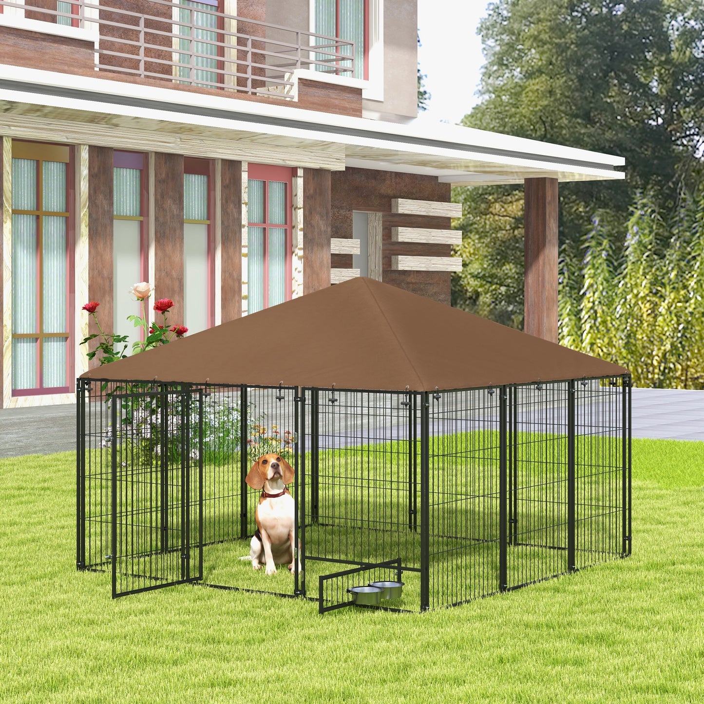 Outdoor Dog Kennel with Canopy - Large Pet Playpen Fence Cage, Coffee