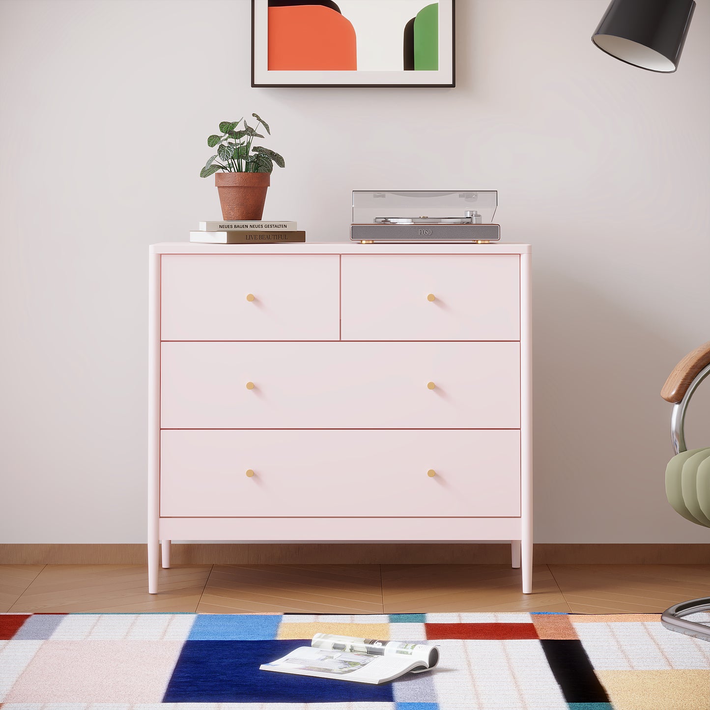 Pink 4-Drawer Wooden Kids Dresser - Modern Storage Cabinet