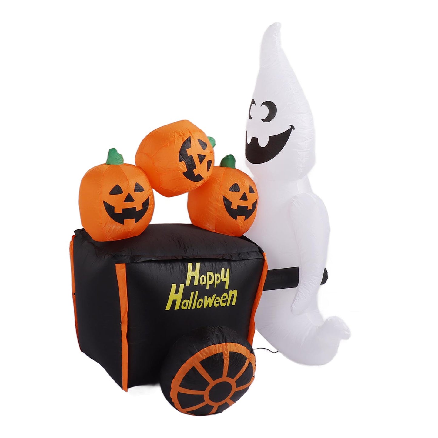 6ft Halloween Inflatable Ghost Pushing Pumpkin Cart Decor IP44 With