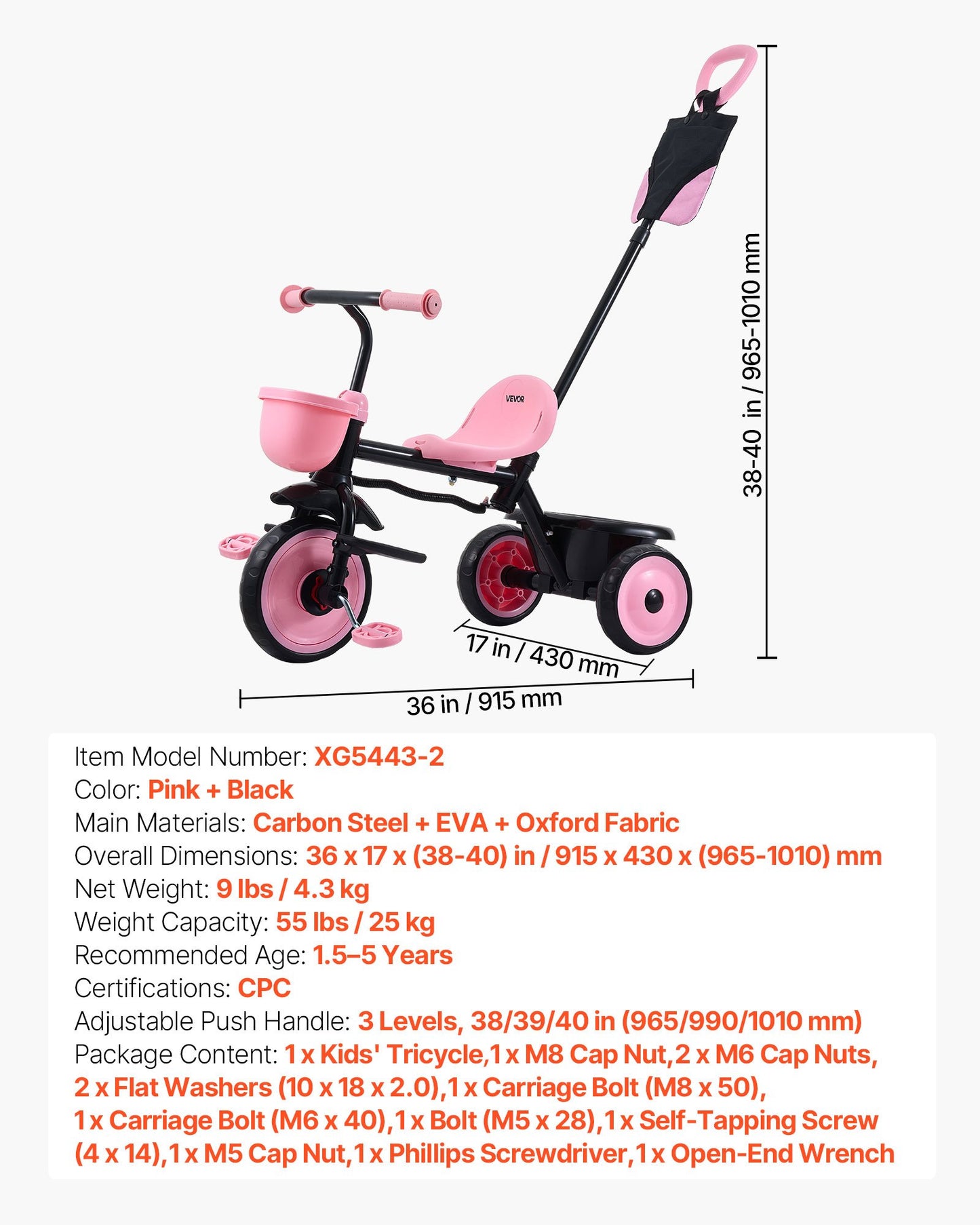 Kids Tricycle with Parent Push Handle & Storage - Toddler Ride-On Toy, 18 Months to 5 Years