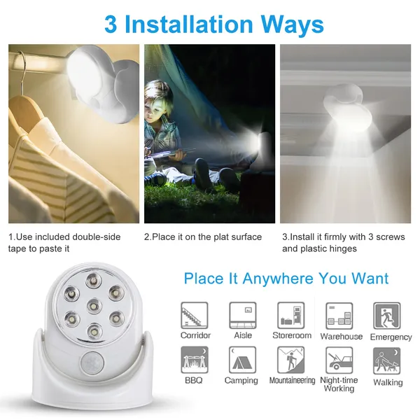 Wireless LED Motion Sensor Spotlight - 90° Adjustable Night Lamp, Battery Powered