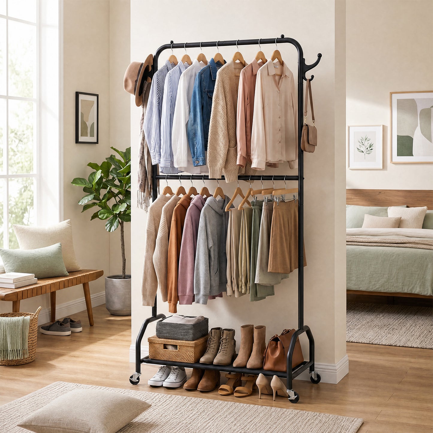 Double Hanging Clothes Rack with Wheels & Bottom Shelf - Black