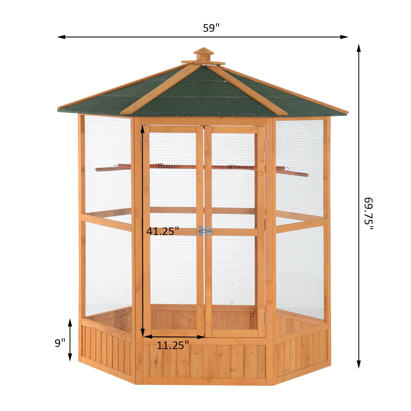 69-Inch Wooden Hexagonal Outdoor Bird Cage with Cover Roof Brown
