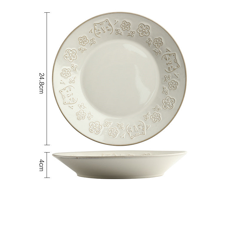 Retro Cat Ceramic Dinnerware Set - Embossed Rice Bowls & Fish Plates