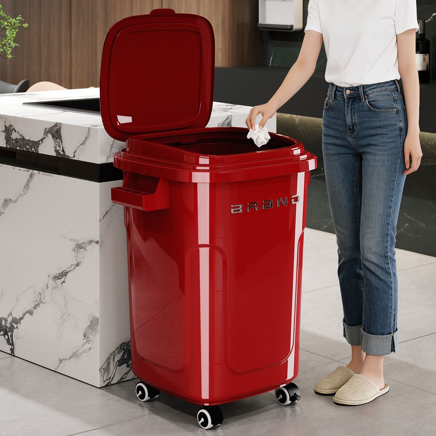 Large Capacity Kitchen Trash Can with Lid and Wheels, No Bending Needed