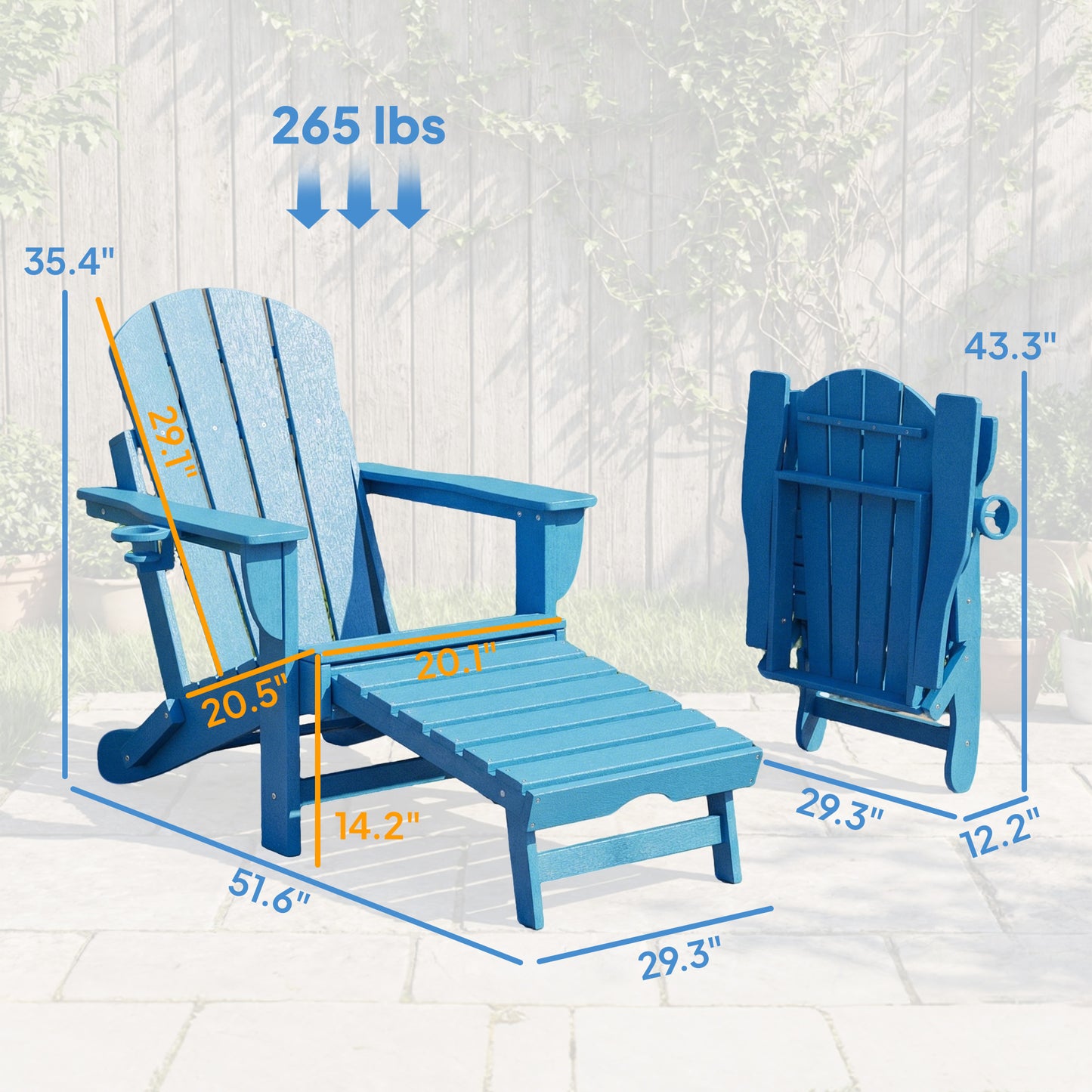 Folding Adirondack Chair Set of 2 with Ottoman & Cup Holder - Blue