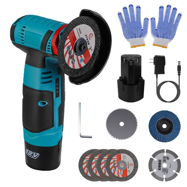 Cordless Mini Angle Grinder with 7 Discs 12V Battery and Charger - Green