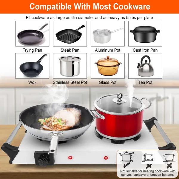 2000W Electric Dual Burner Hot Plate Stove - 5 Temperature Settings