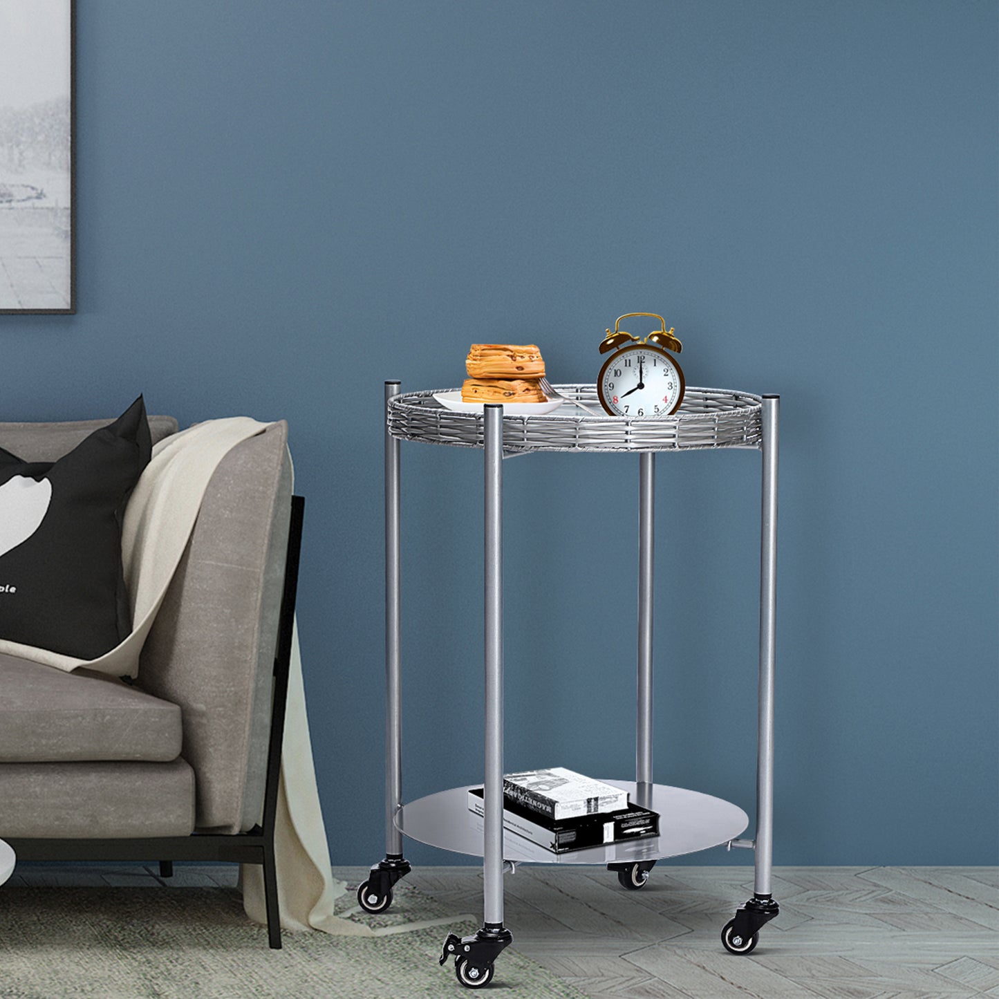 Round Coffee Table with Wheels - 2-Tier Movable Side Table
