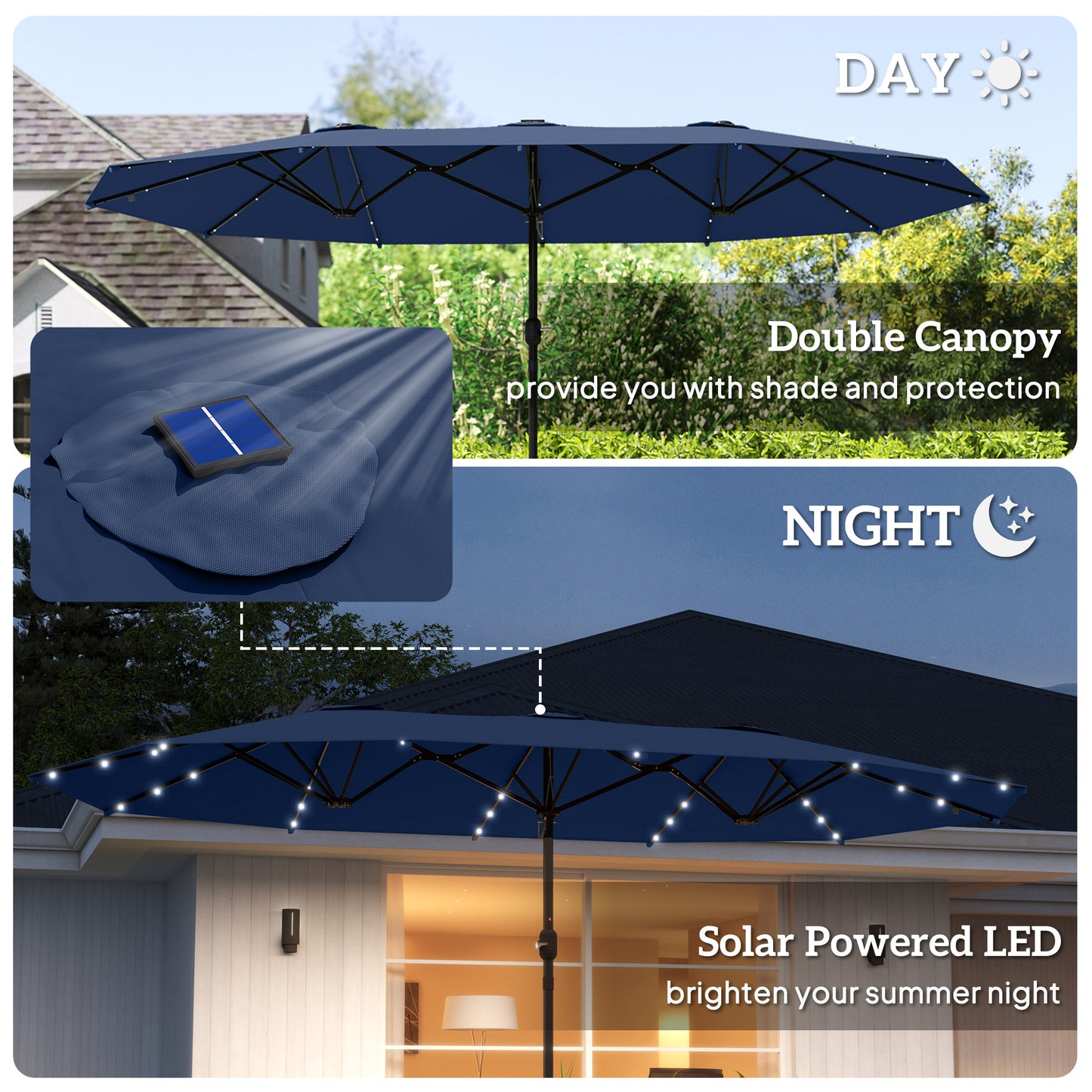 14.4ft Double-Sided Garden Parasol with Solar LED Lights - Navy Blue