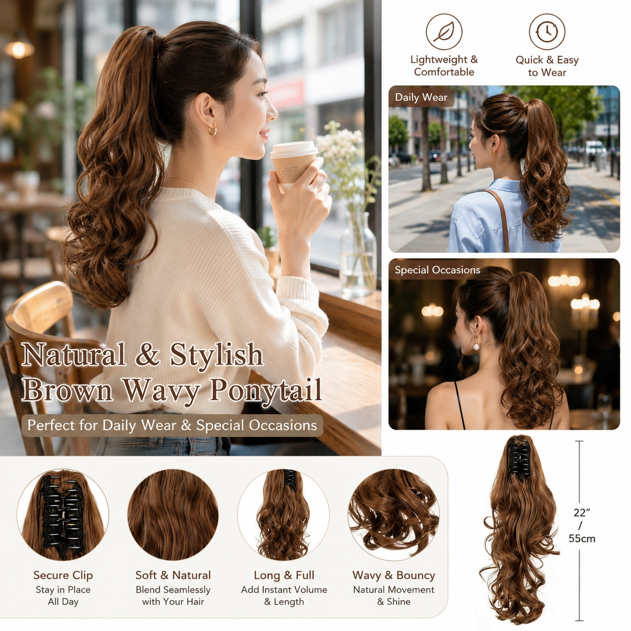 22-Inch Wavy Curly Clip-In Ponytail Extension - Synthetic Hairpiece