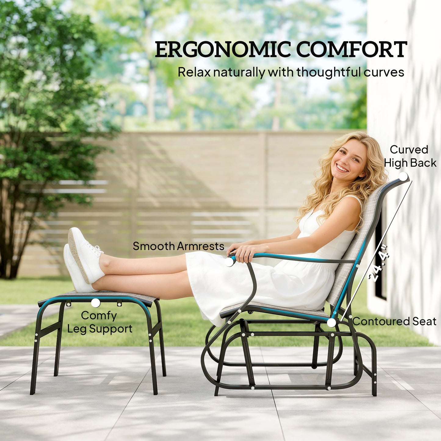Outdoor Glider Chair Set with Ottoman - Gray, Breathable Mesh