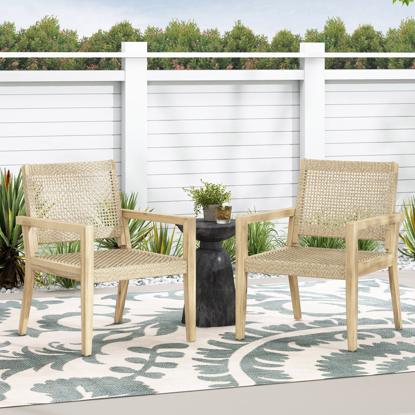Outdoor Wicker And Acacia Wood Club Chairs, Set Of 2, Light