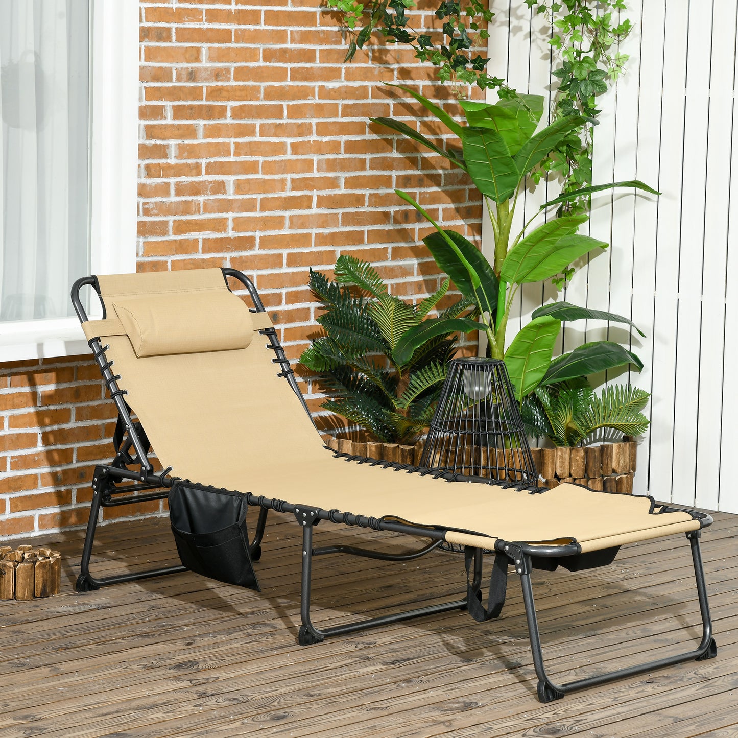 Folding Lounge Chair with 5-Position Recline and Side Pocket - Beige