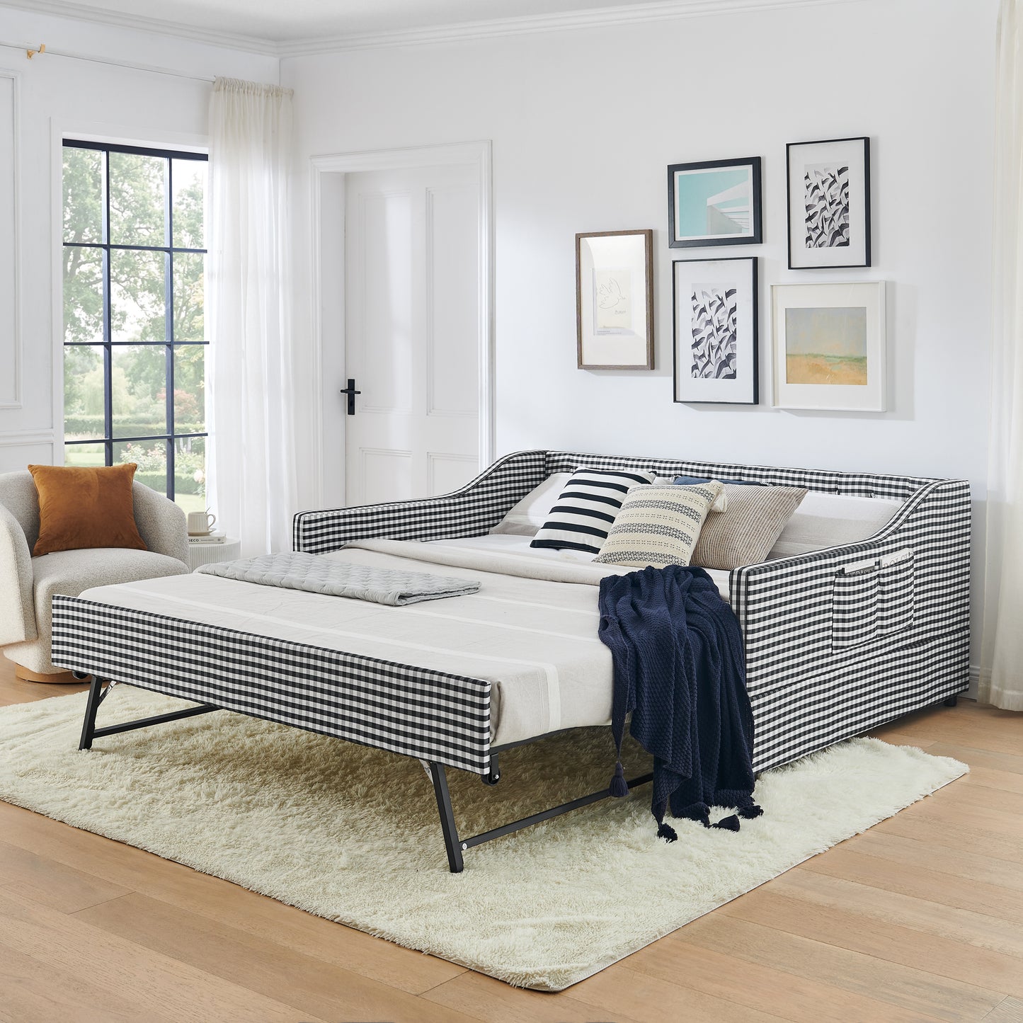 Upholstered Daybed with Tufted Backrest & Trundle - Black