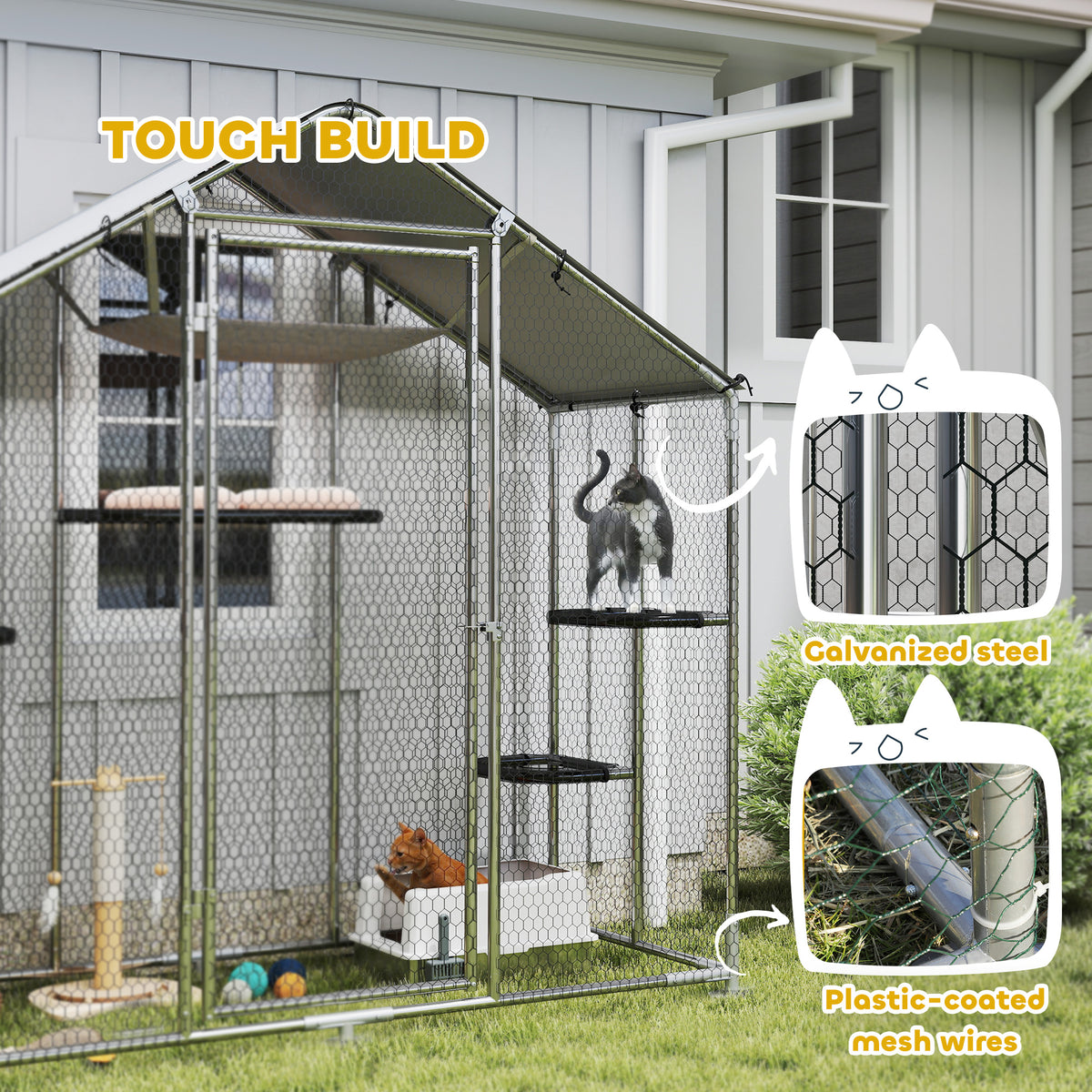 Large Outdoor Cat Enclosure with Waterproof Cover, Walk-In Design & Adjustable Platforms