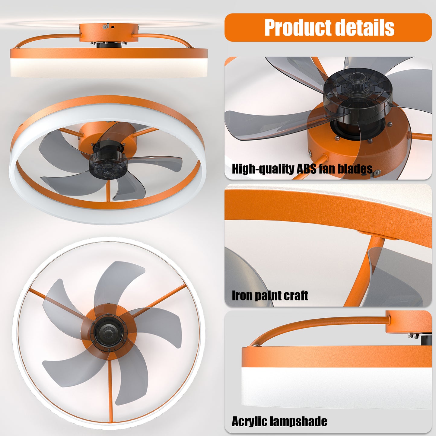 Dimmable LED Ceiling Fan with Lights - Thin Modern Design, Orange