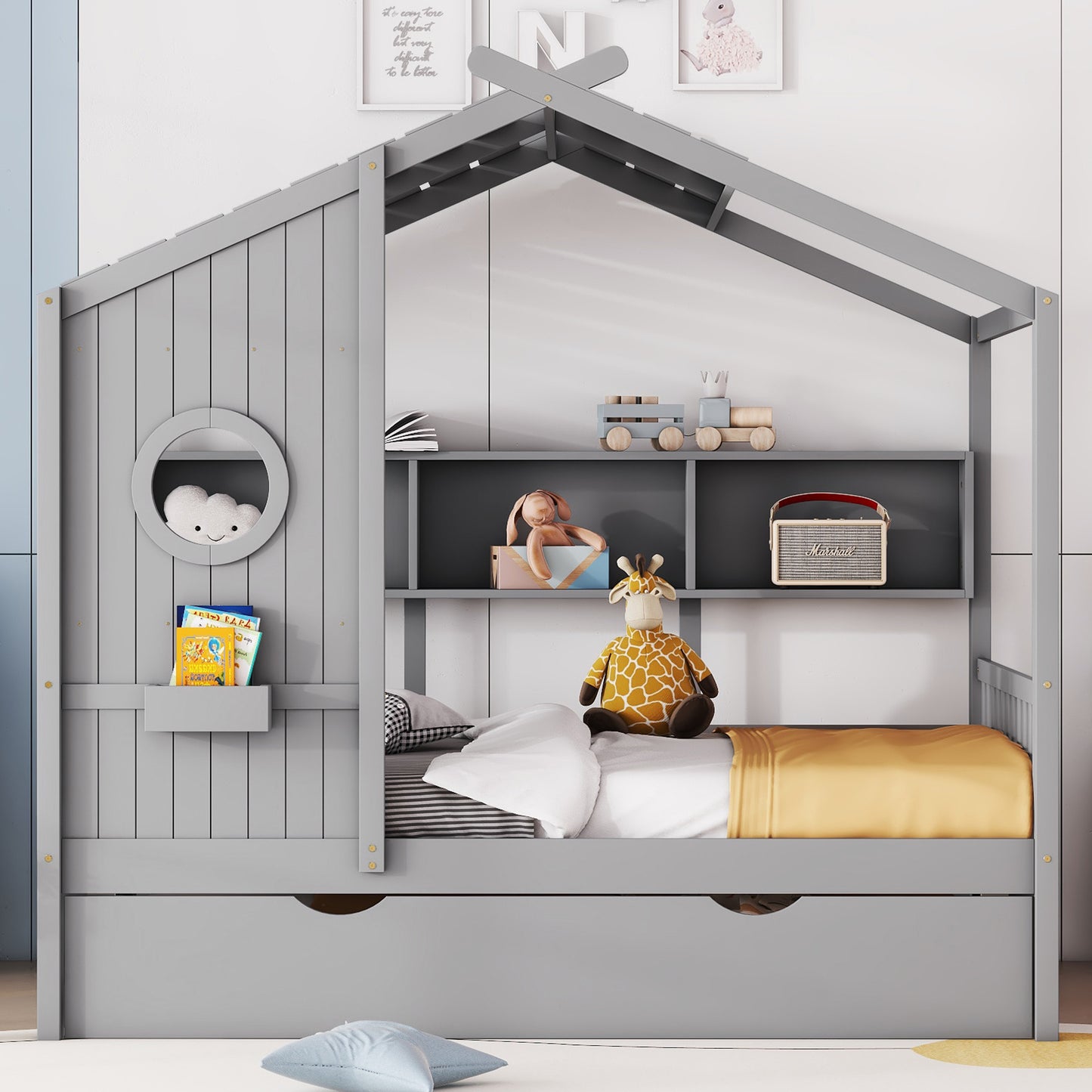 Wooden Full Size House Bed With Trundle, Modern Design For Kids