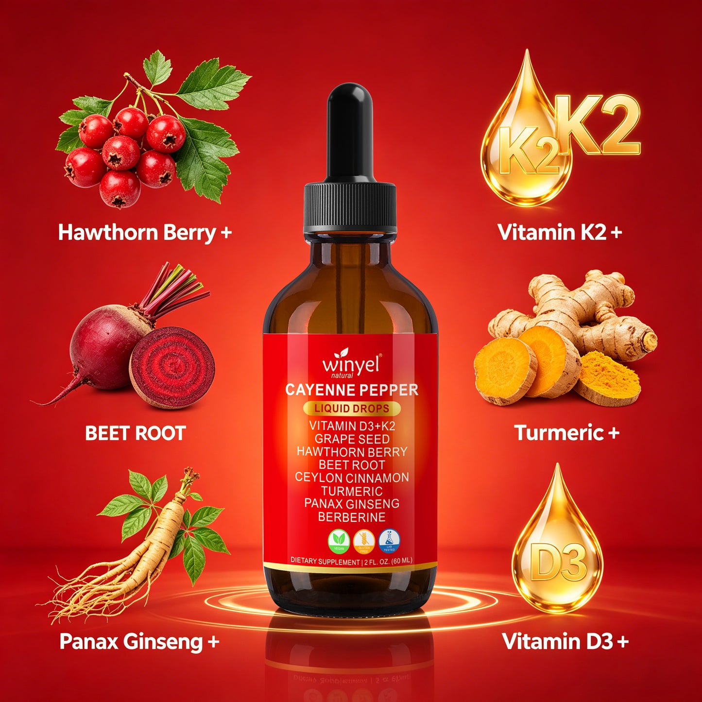 7-in-1 Herbal Liquid Drops - Cayenne, Beet Root, Turmeric & Berberine - 60ml