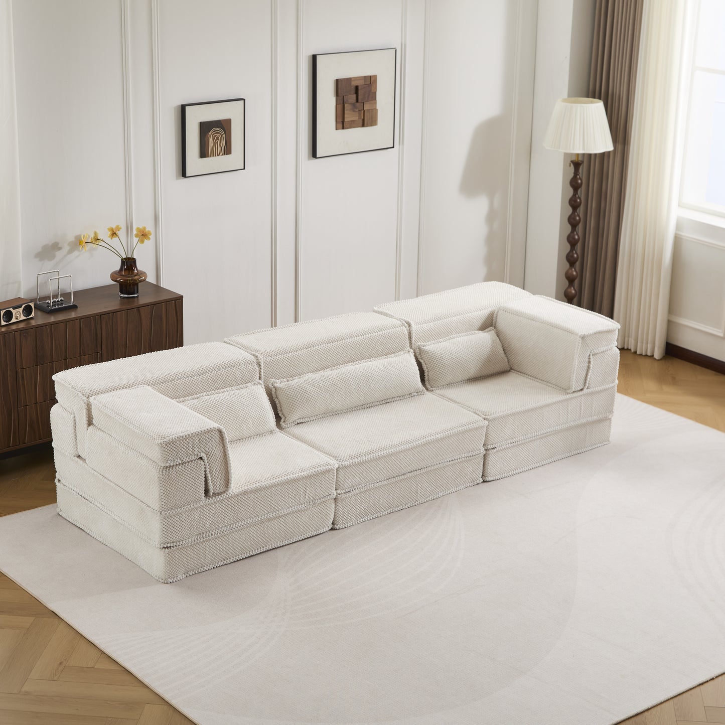 Convertible White Floor Sofa Bed - Oversized 3 Seater with Pillows
