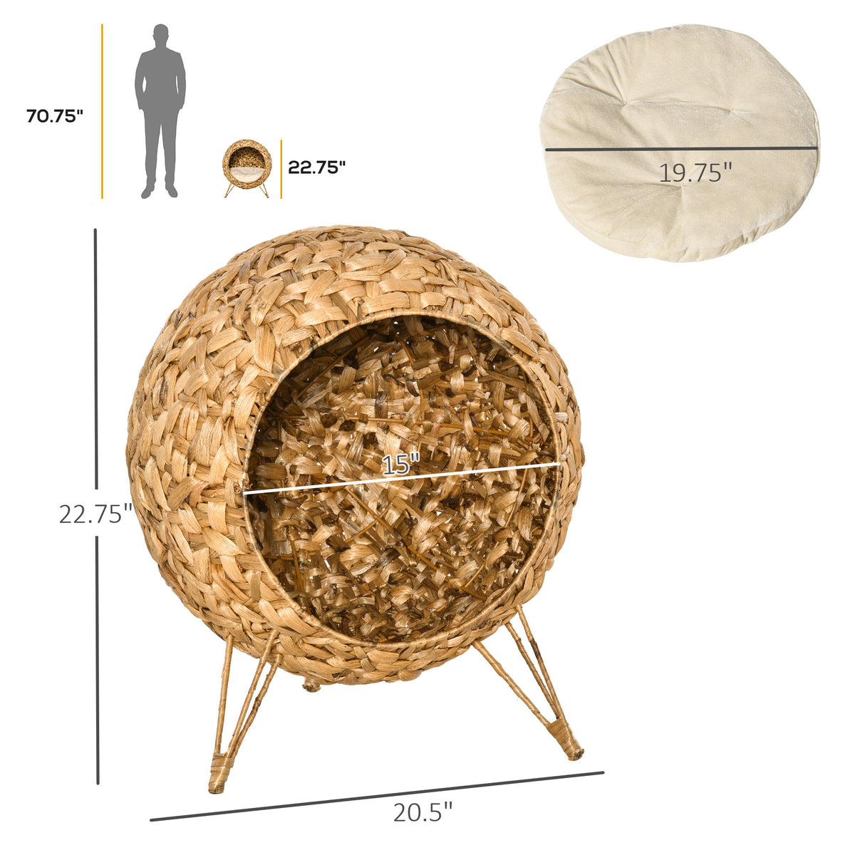 Natural Weaved Cat Bed - Elevated Hand-Woven Banana Leaf Condo with Cushion