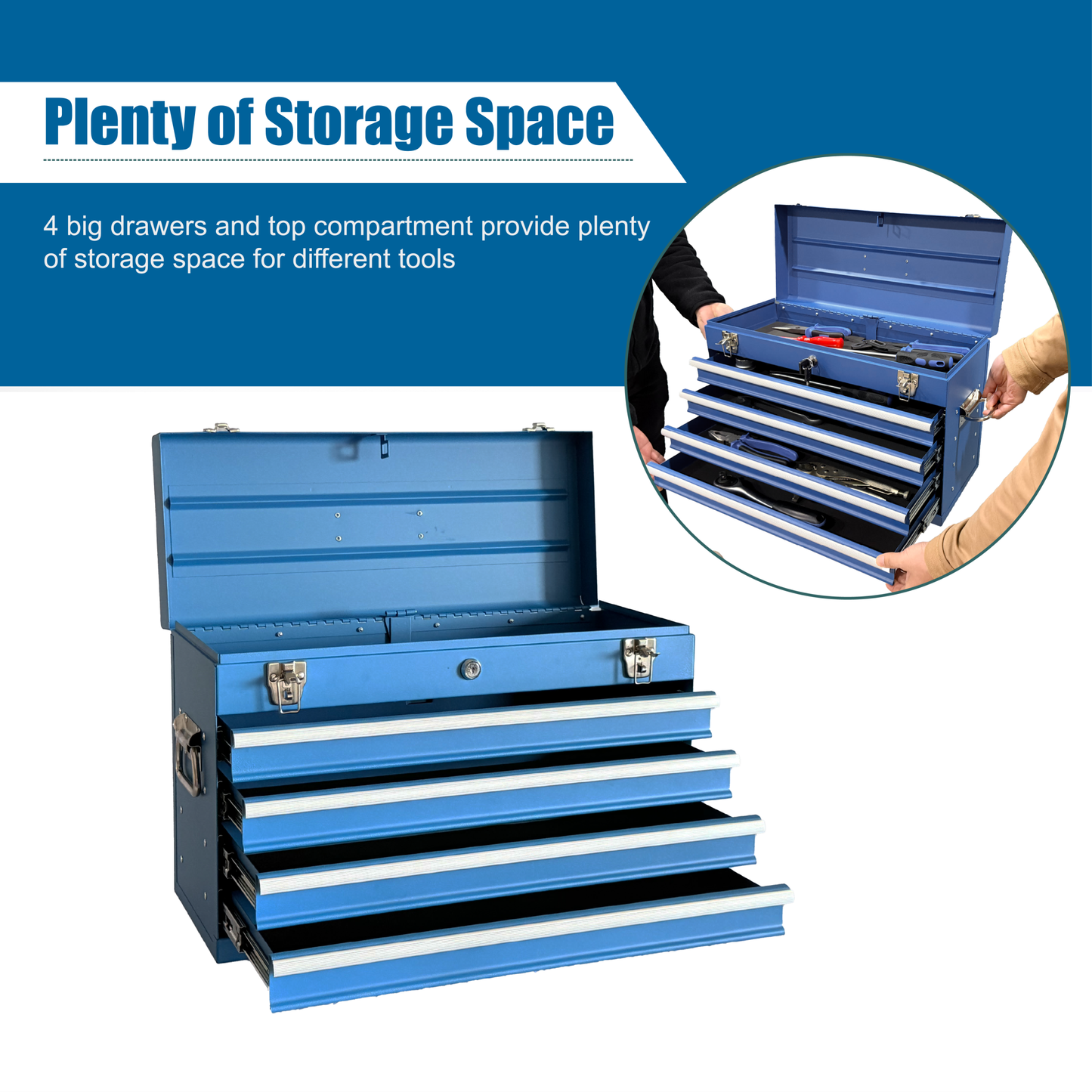Heavy Duty Metal Tool Box 21-Inch with 4 Drawers, Locking, EVA Liners, Portable Steel Storage Chest - Blue