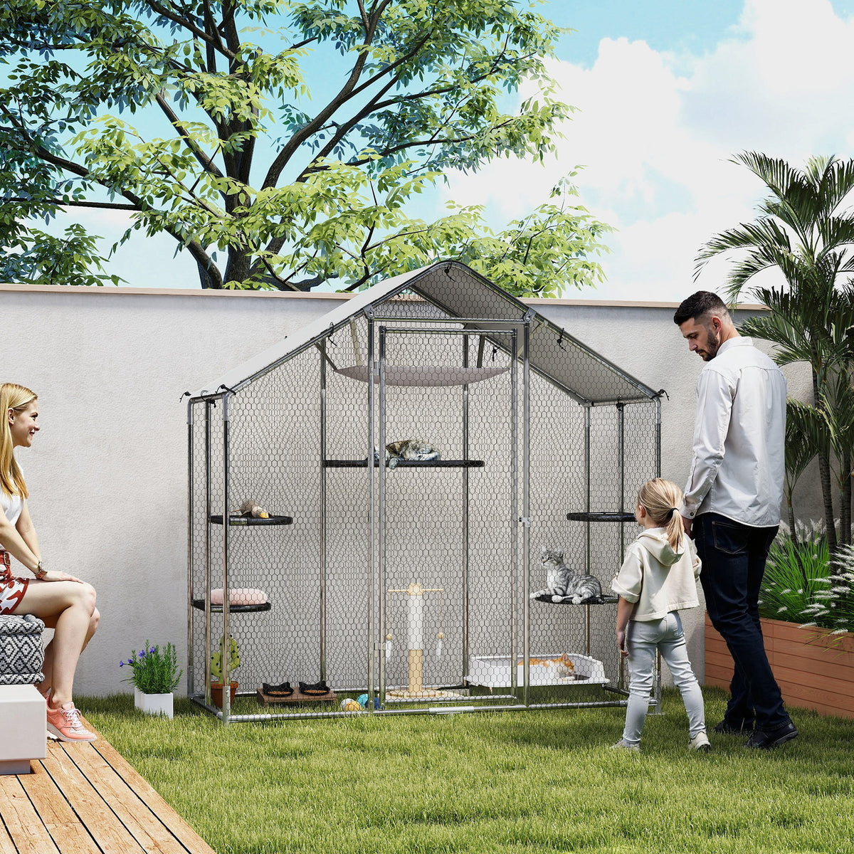 Large Outdoor Cat Enclosure with Waterproof Cover, Walk-In Design & Adjustable Platforms
