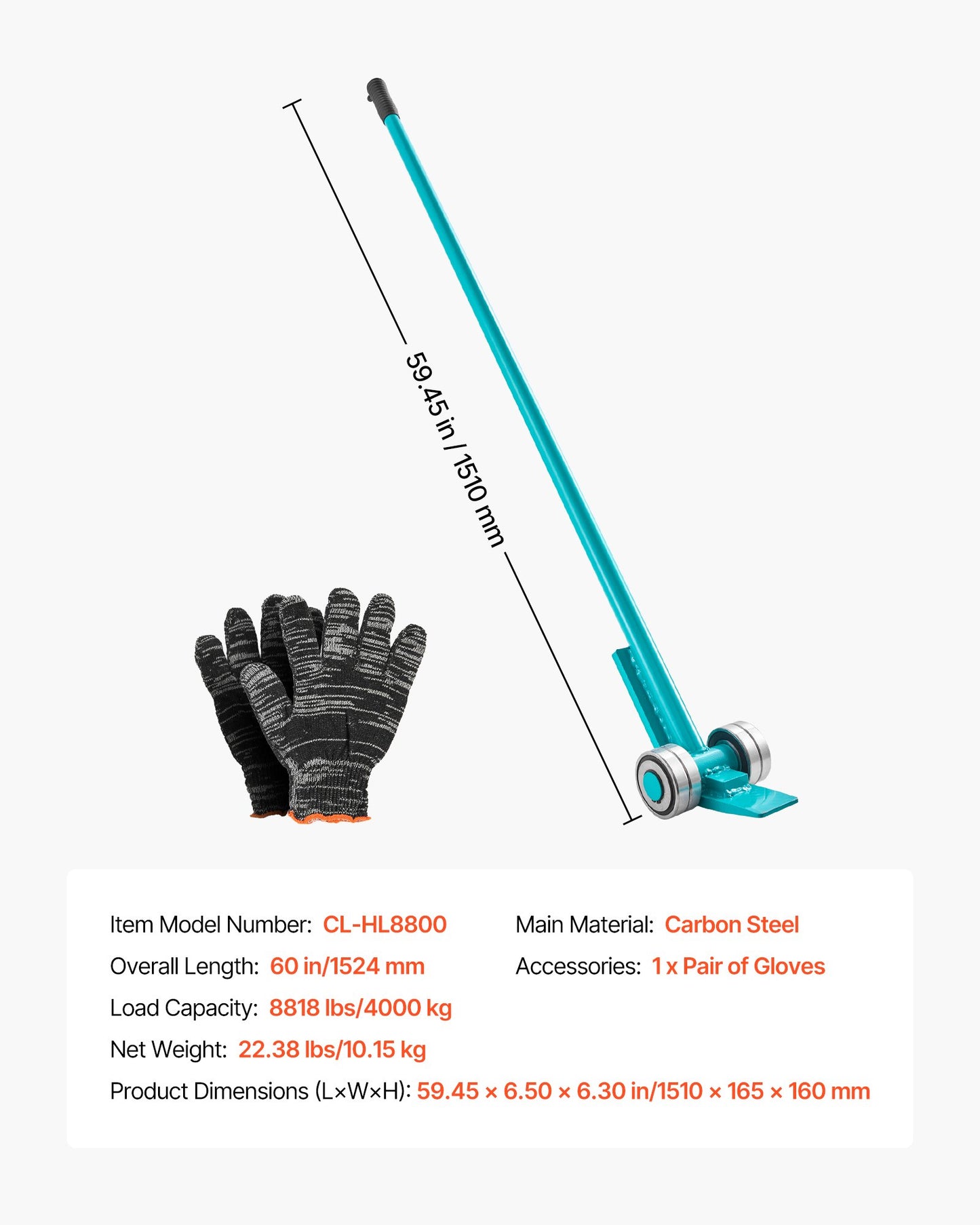 Heavy Duty Pry Lever Bar with Wheels - 56.5 Inch Carbon Steel Handle for Pallets & Heavy Equipment