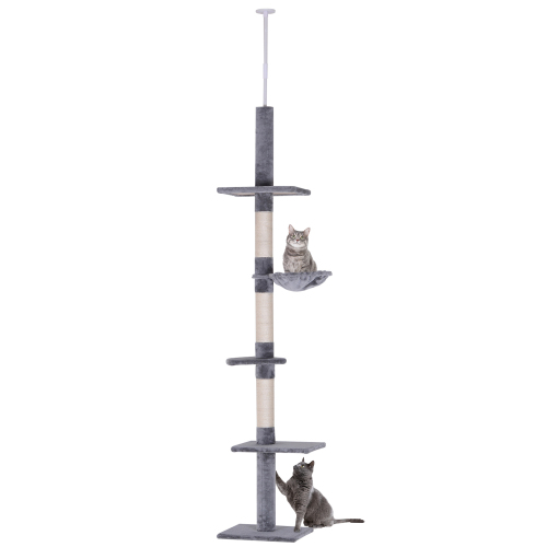 9 Foot Adjustable Floor-to-Ceiling Cat Tree in Grey & White