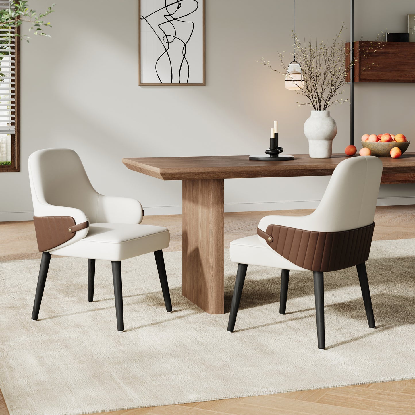 Indoor Dining Chair Set of 2 - Beige & Brown Fabric Armchairs