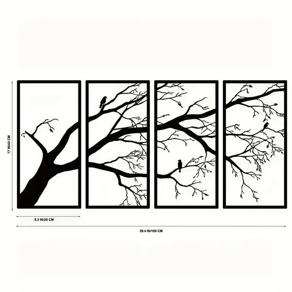 Minimalist Iron Bird & Branch Wall Art - 4-Panel Nature Home Decor