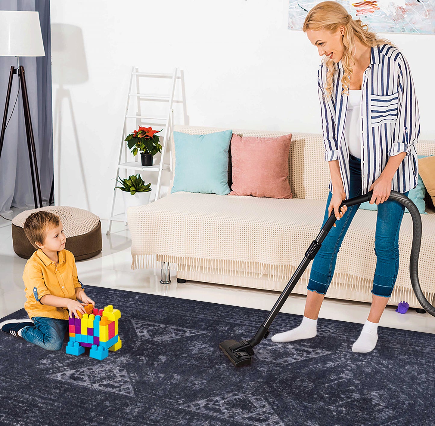 MAVAL Black Washable Rug 4x6 Area Gray, 4' X 6'