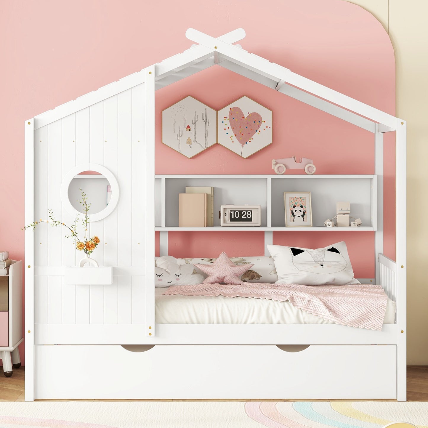 Wooden Twin Size House Bed With Trundle, Modern Design For Kids