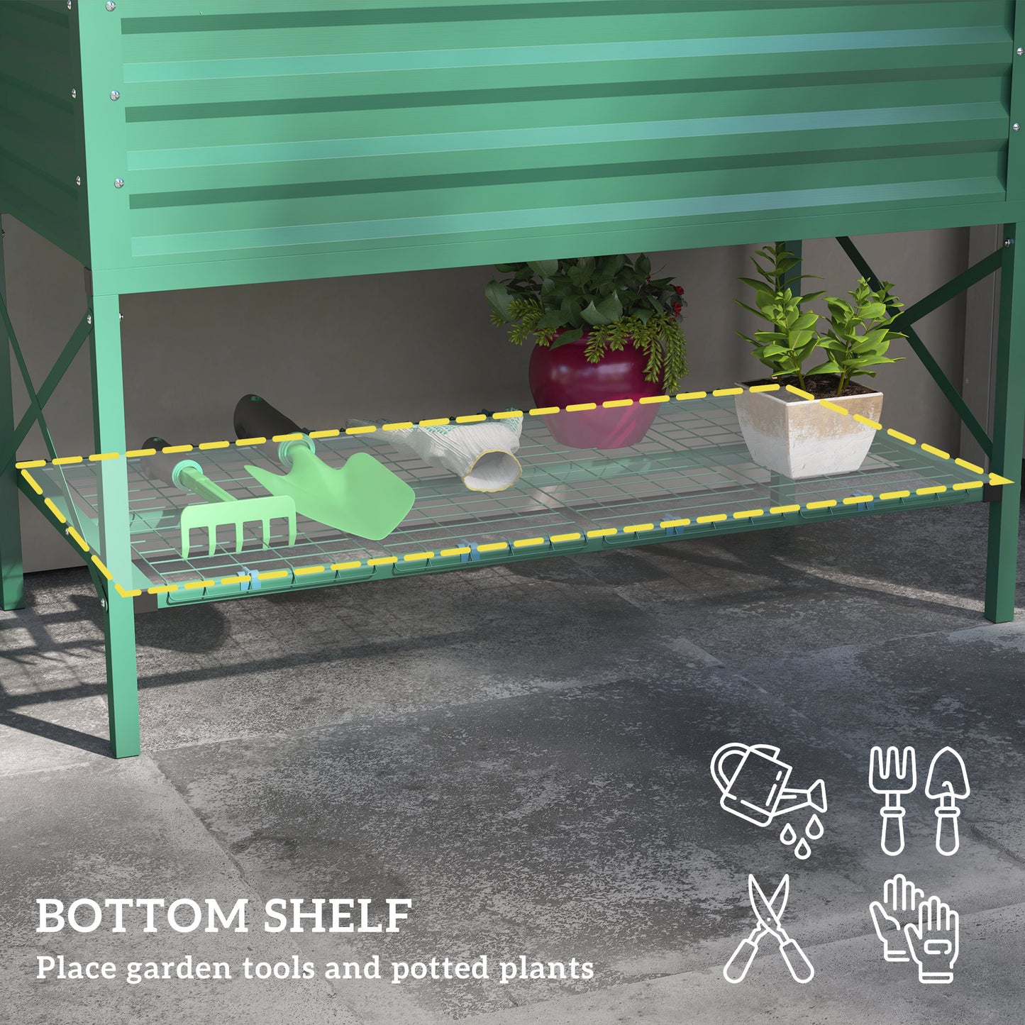 Galvanized Metal Raised Garden Bed with Legs and Storage Shelf - Green, 1180x360x95mm