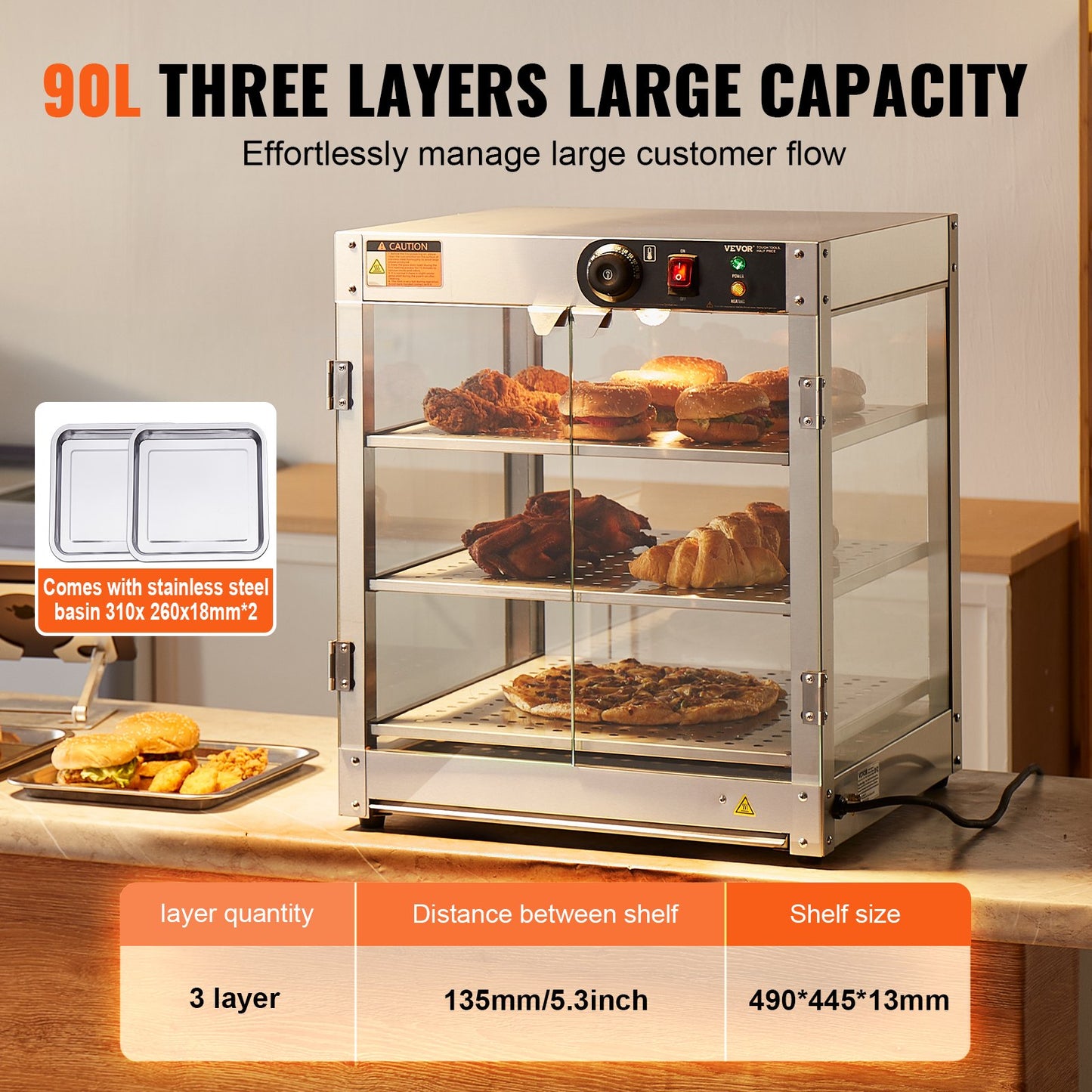 Silver 3-Tier Commercial Food Warmer Display Countertop with Light