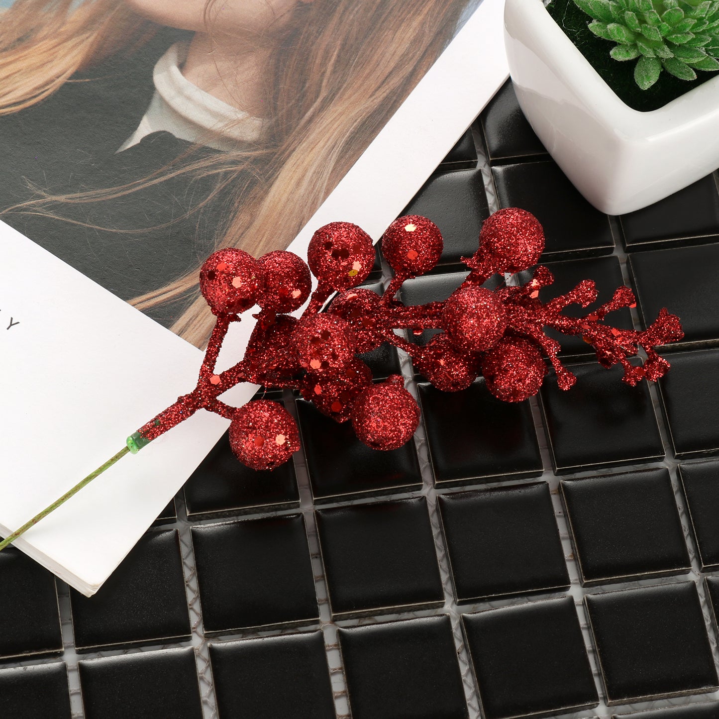 3Pcs Red Xmas Tree Decoration Berries with Shining Sequins