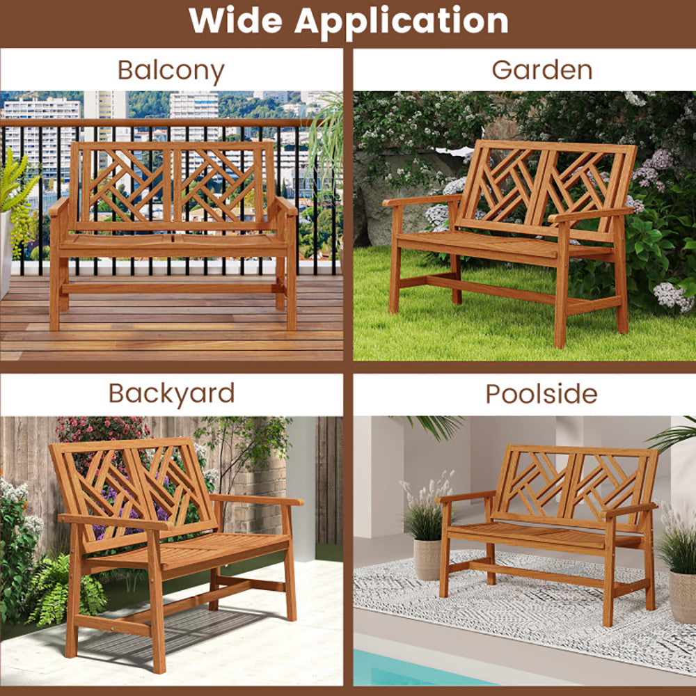 Outdoor Bench Wood 2-Person Patio Loveseat Chair With Geometric
