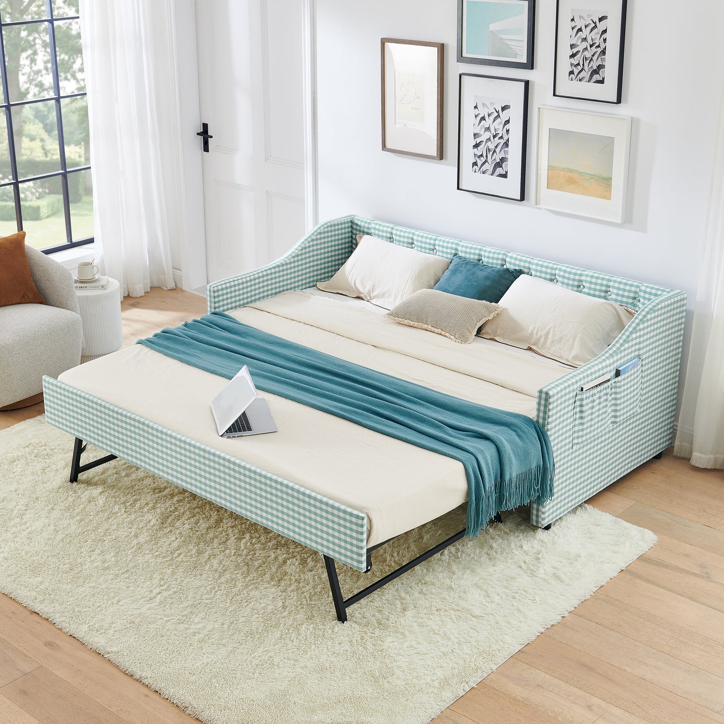 Twin Size Upholstered Daybed with Pull-Out Trundle & Storage - Cyan