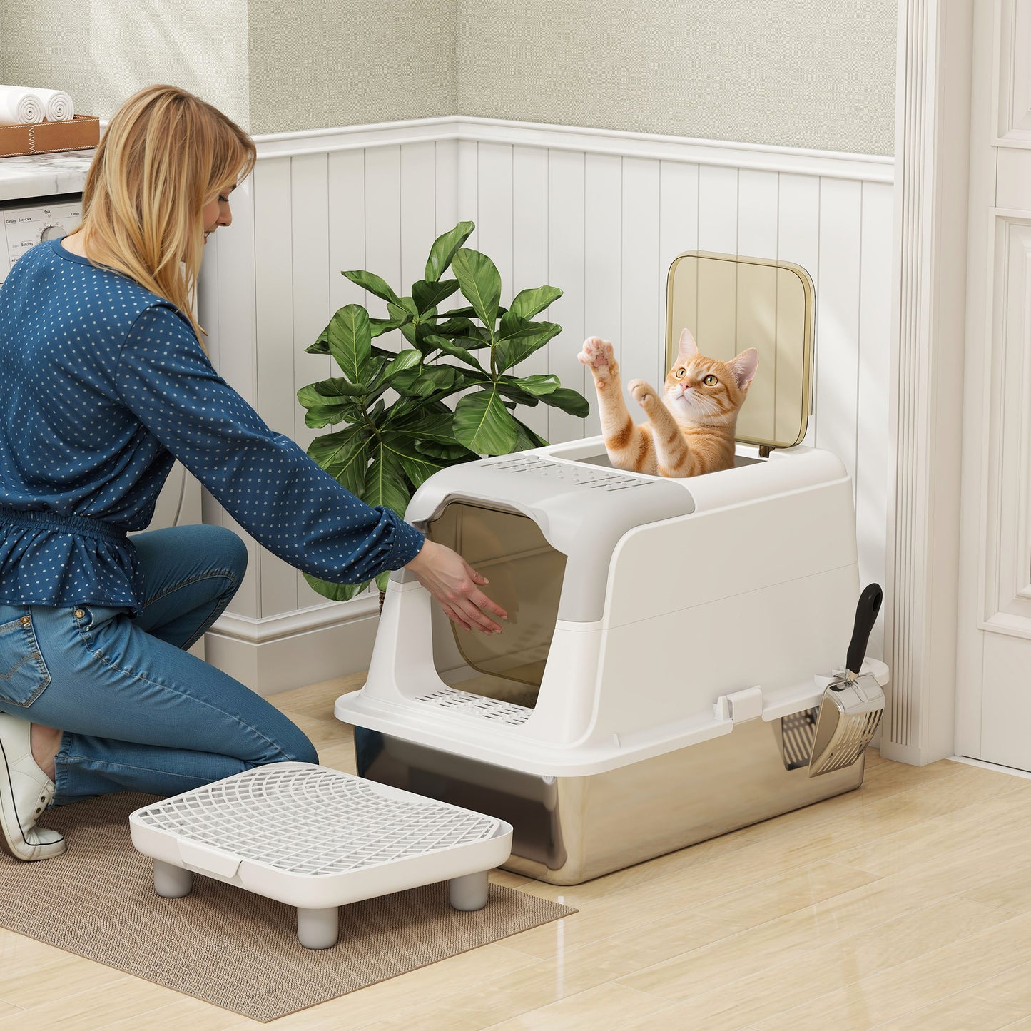 Enclosed Stainless Steel Cat Litter Box with Scoop & Pedal - Large White