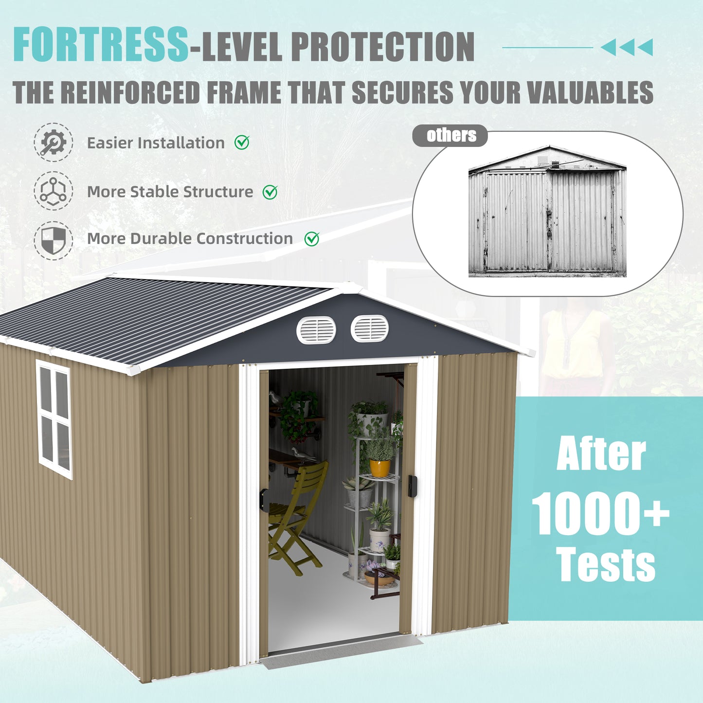 Outdoor Metal Storage Shed 8x12 FT with Lockable Door - Brown