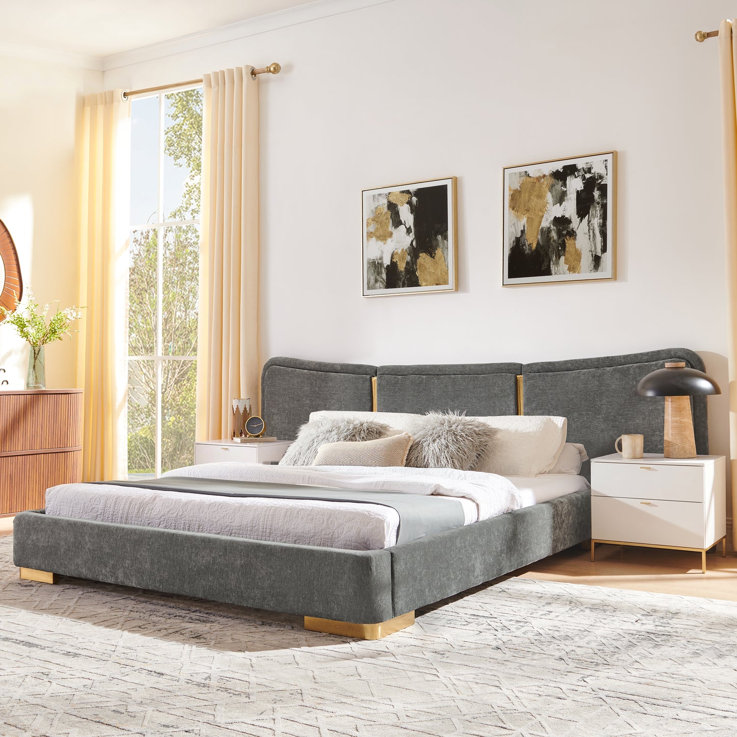 Queen Size Platform Bed with Curved Headboard - Dark Gray