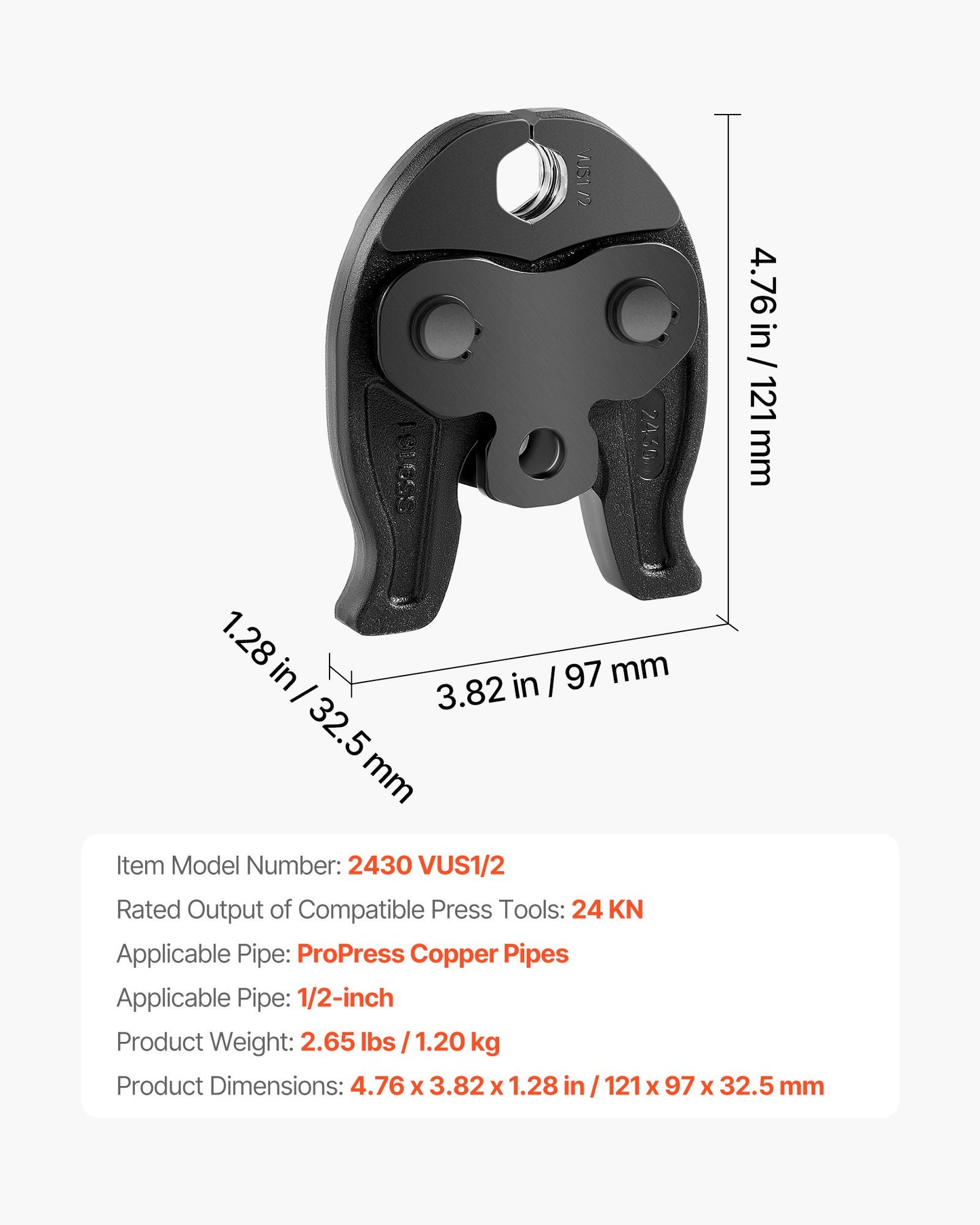 1/2 Inch ProPress Jaw for Copper Pipe Fittings - Compatible with 24KN Press Tools, Black