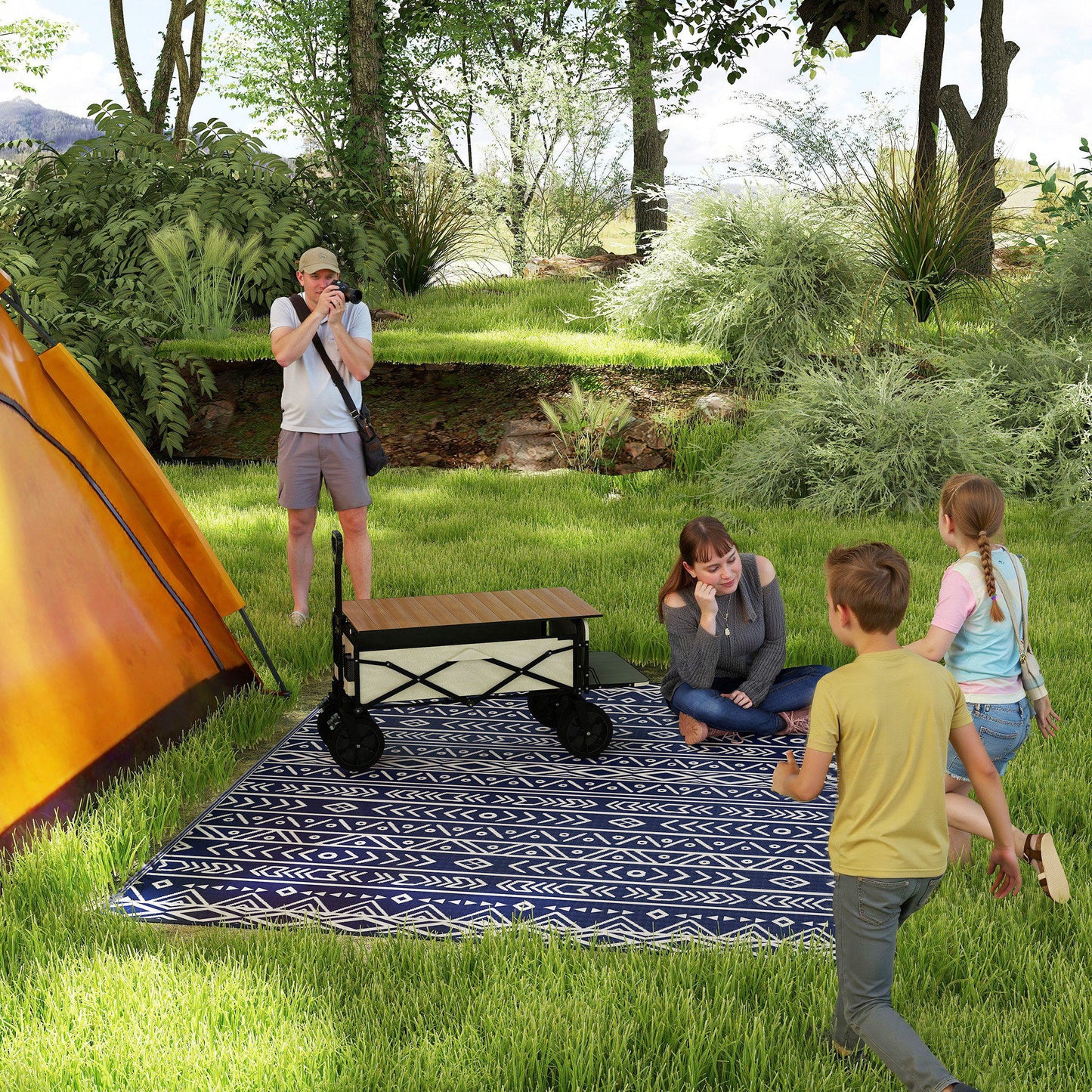 Reversible Outdoor Rug - Waterproof Blue & White Geometric, 8x10