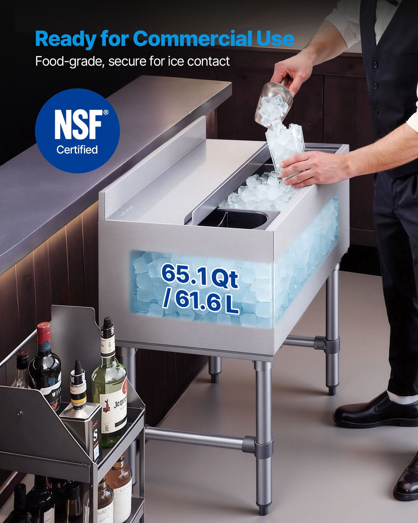 Commercial Ice Bin 65.1 Qt Stainless Steel Cooler with Sliding Lid & Bottle Holders