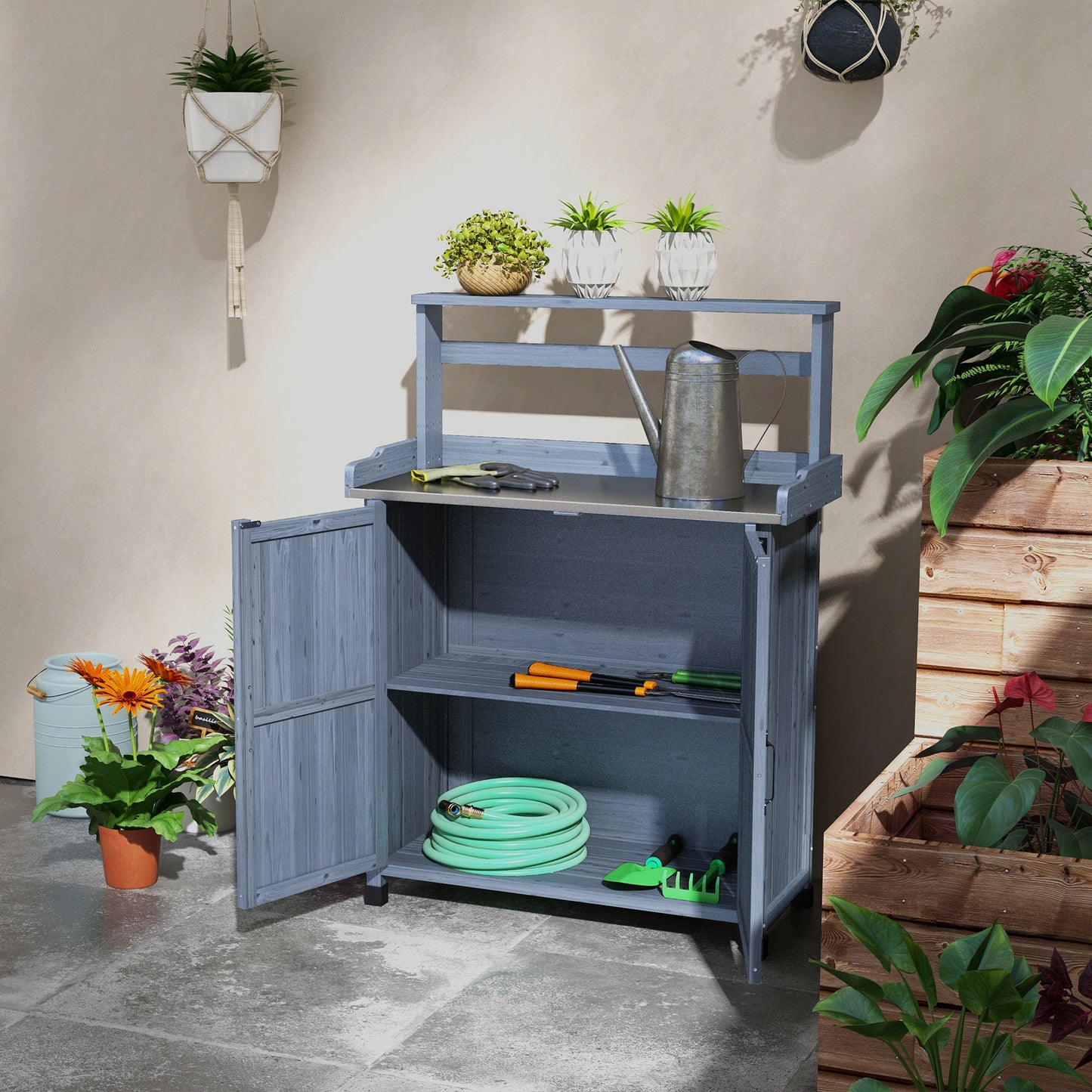 Outdoor Wooden Potting Bench with Storage Cabinet and Galvanized Tabletop - Gray