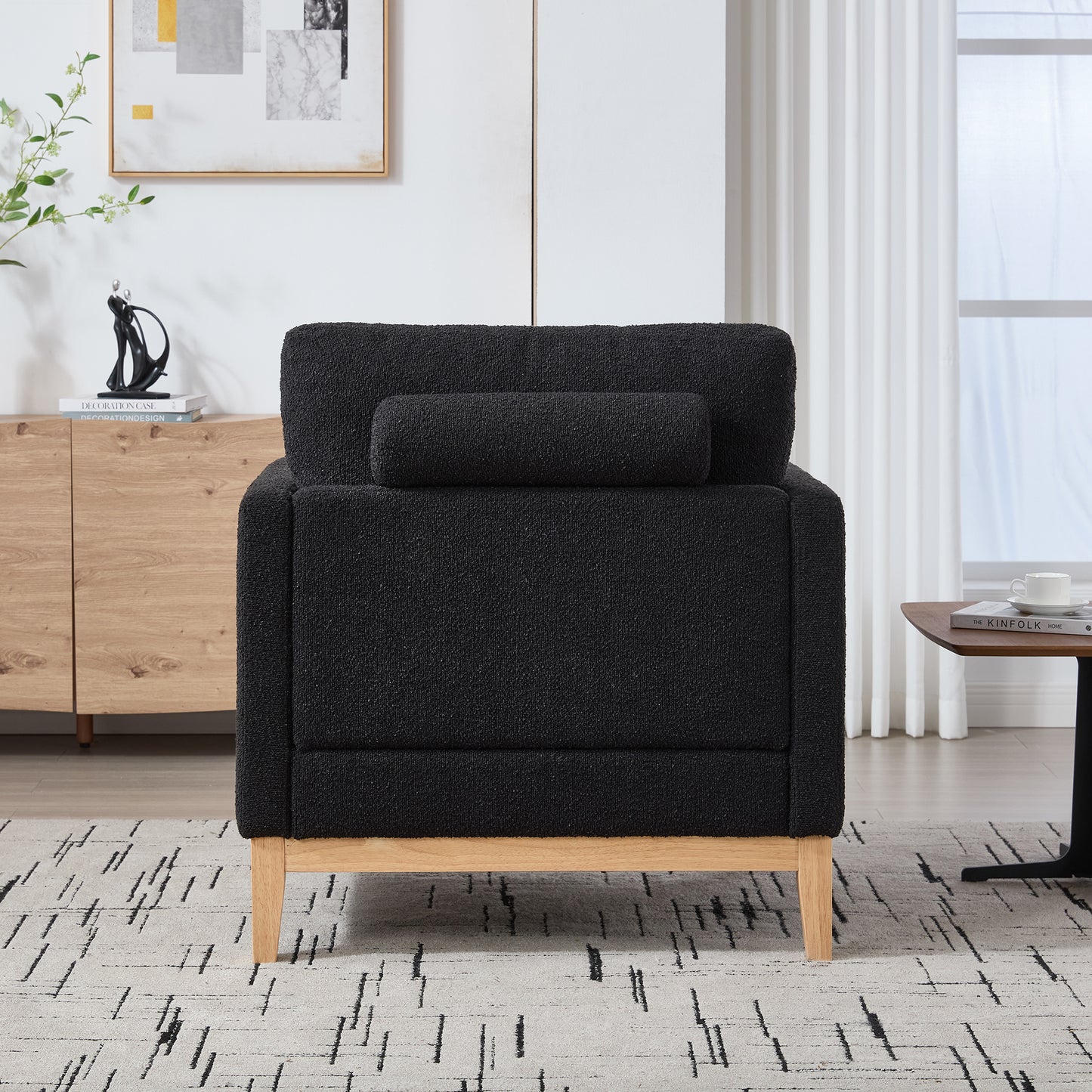Modern Farmhouse Accent Chair with Natural Wood Legs - Black Boucle