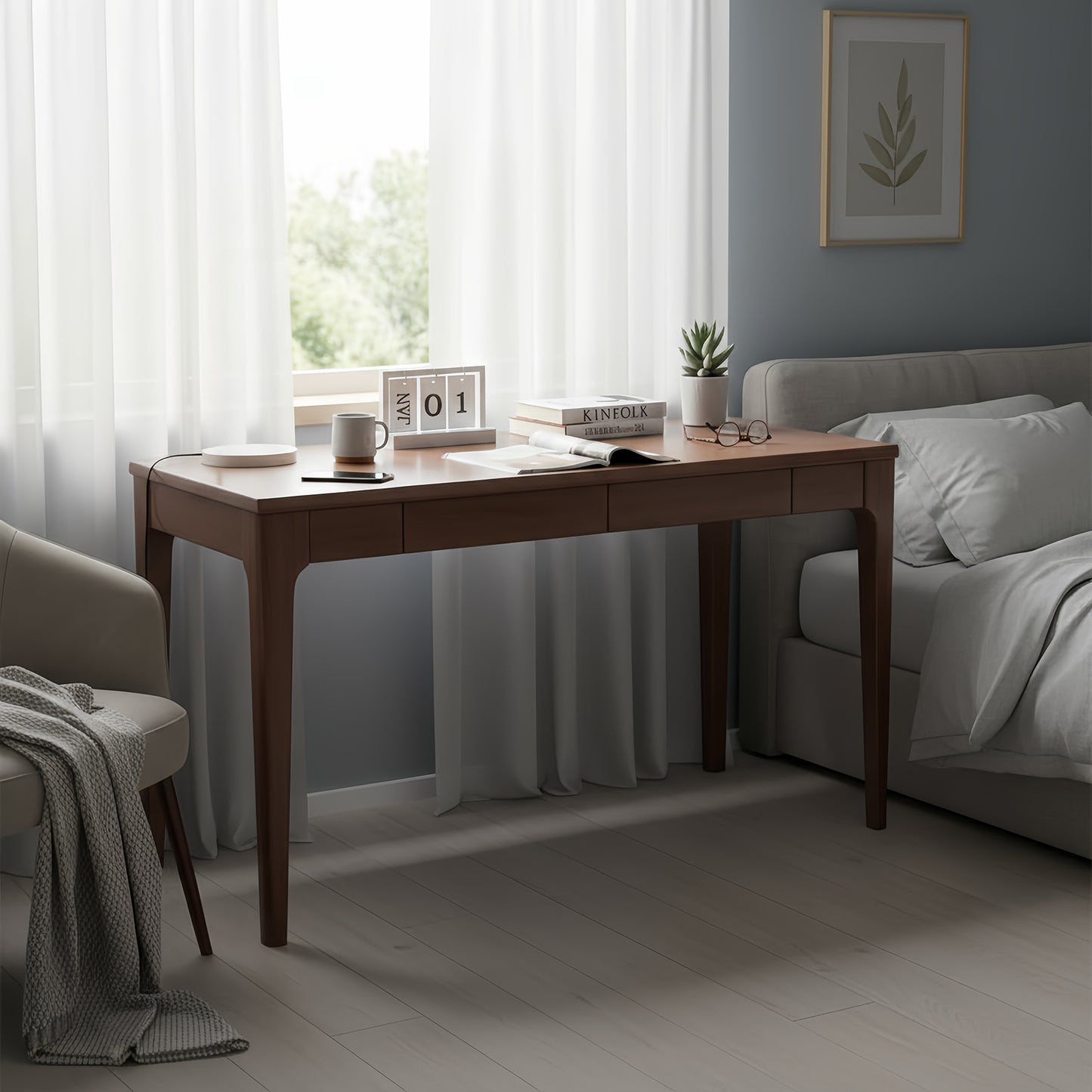 Solid Wood Desk With Drawers, Standing Smooth Edges, Home Office For